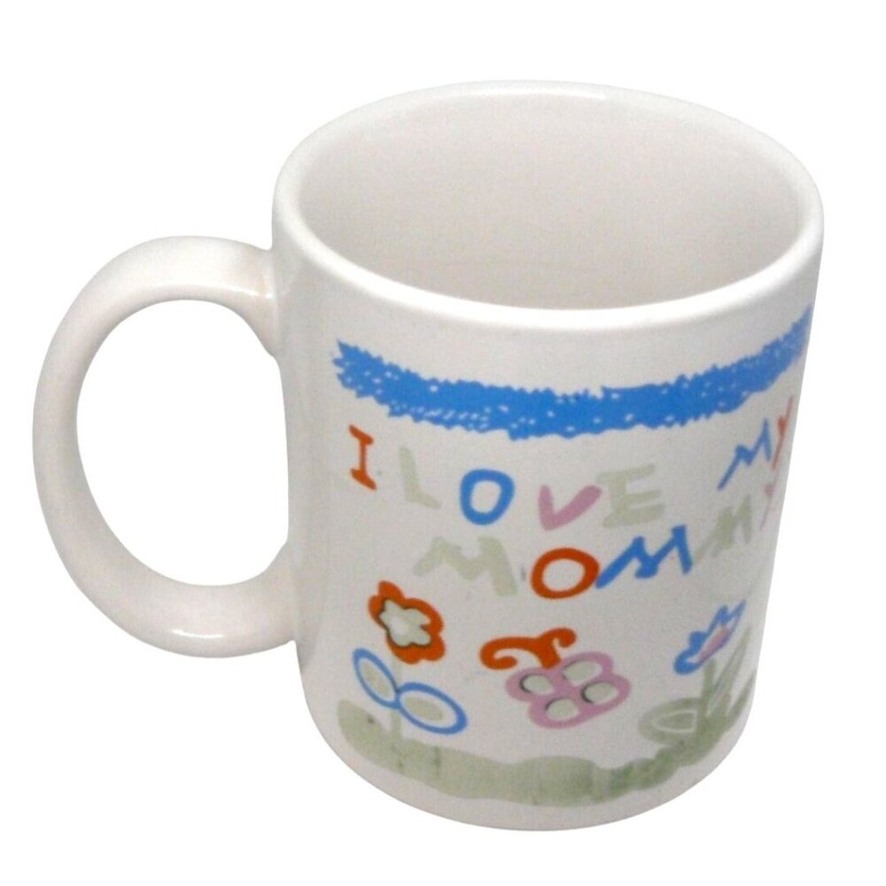 White Ceramic Coffee Tea Mug Cup "I Love My Mommy" Colorful Childlike Design